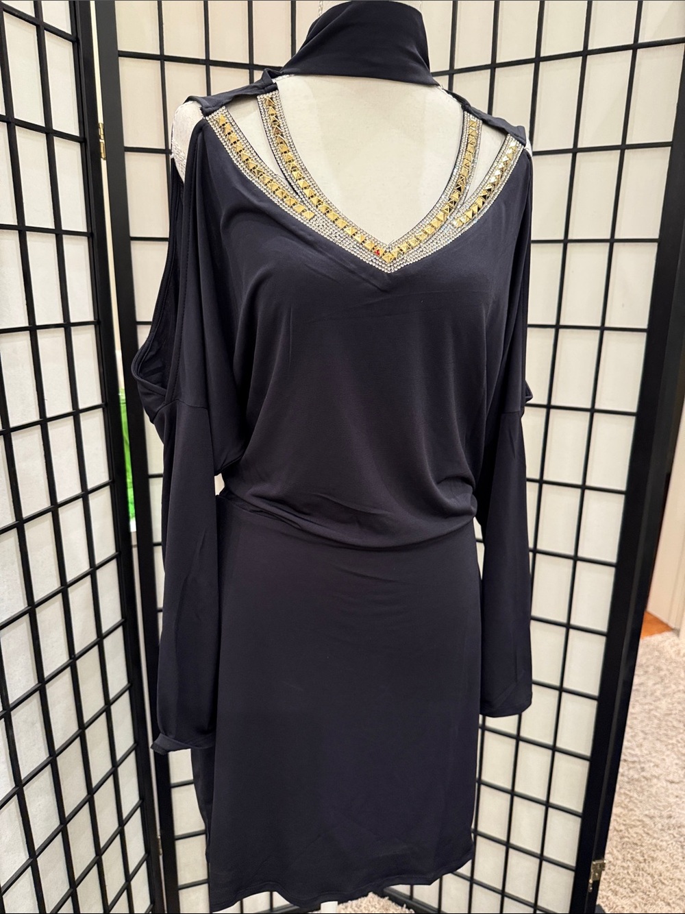 Never worn VENUS Black Cold-Shoulder V-Neck Dress with Beaded Trim